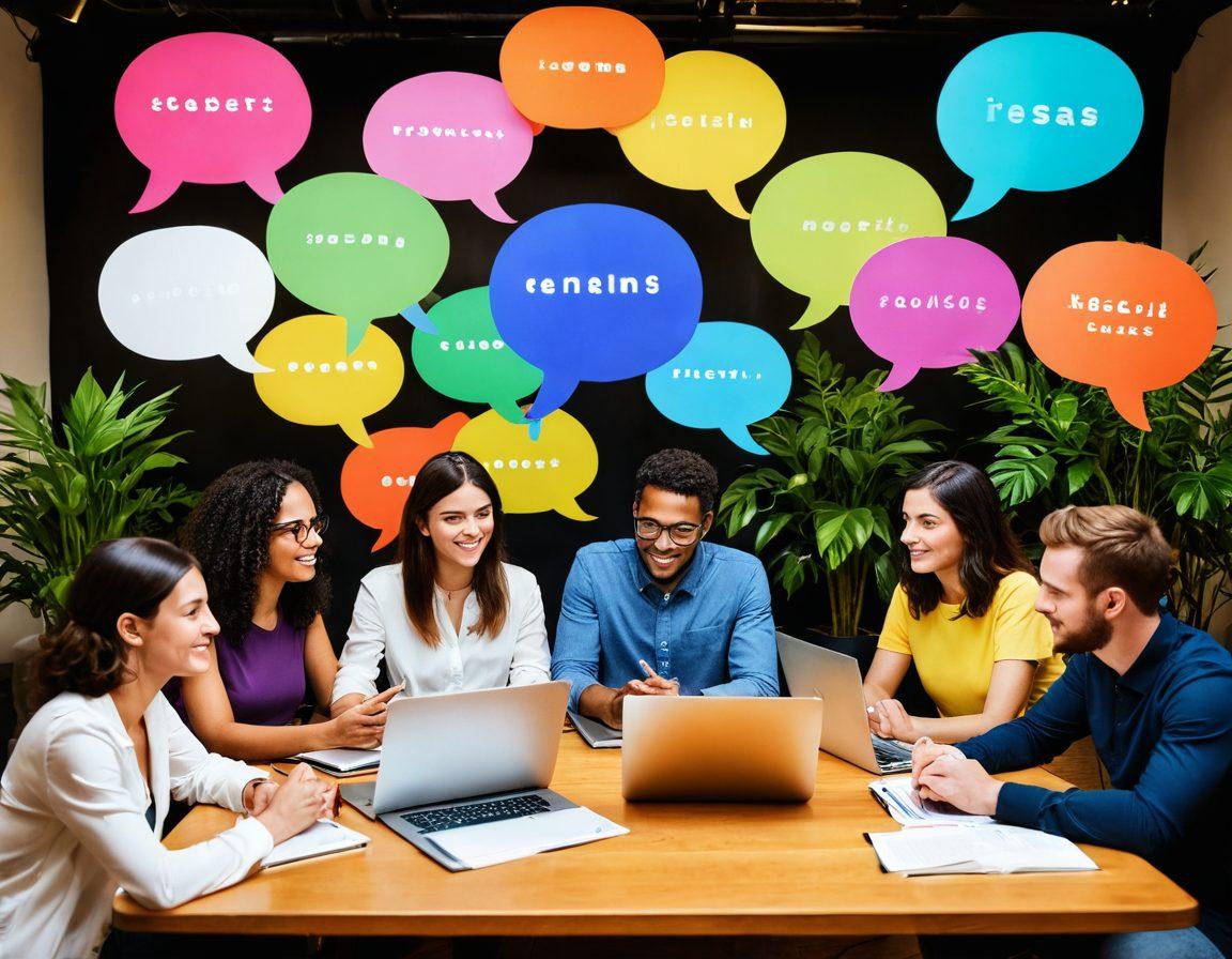 A diverse group of people engaging in lively discussions around a large table, laptops and notebooks open, symbolizing collaboration in blogging. Vivid speech bubbles filled with ideas and content emerge from their heads, illustrating the dynamic exchange of thoughts. A warm, inviting atmosphere with plants and soft lighting, emphasizing communication and community. super-realistic. vibrant colors.