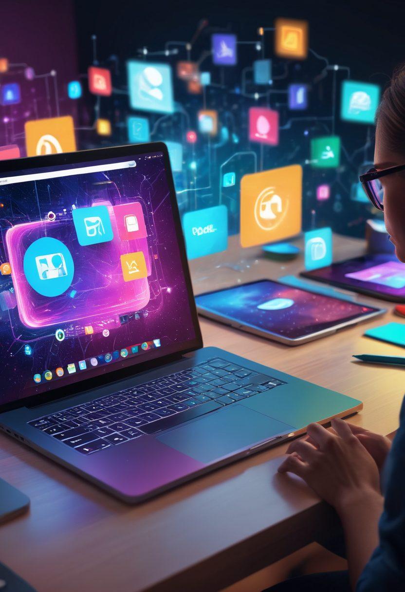 A vibrant digital landscape showcasing diverse individuals engaged in blogging and collaboration on various devices like laptops and tablets. Encompass a mix of colorful community icons, social media symbols, and a glowing digital network connecting them all. The scene should radiate a sense of unity and creativity, featuring diverse characters including bloggers, tech enthusiasts, and readers. Enhance with futuristic elements like holographic interfaces and abstract shapes. super-realistic. vibrant colors. digital art.