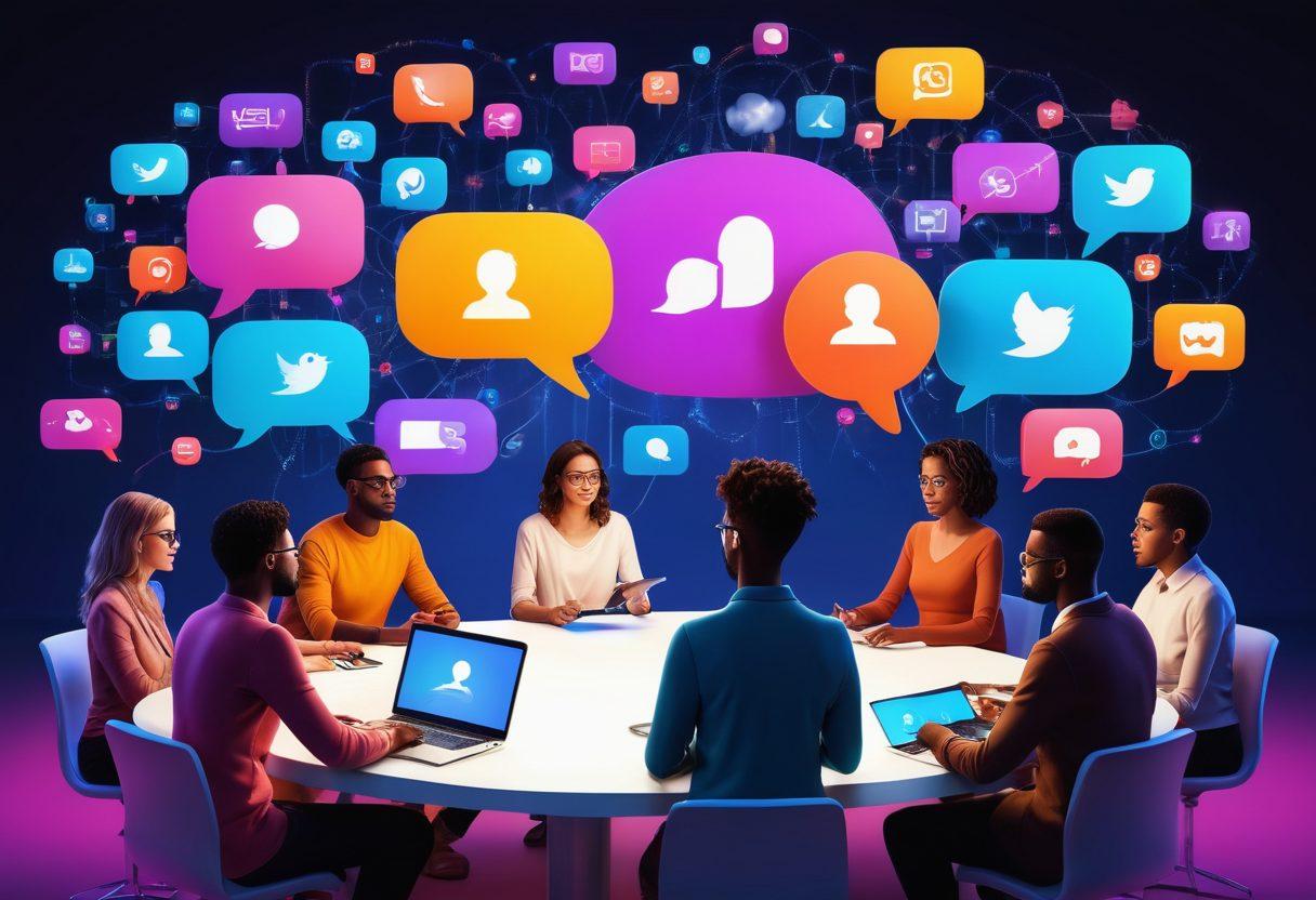 A vibrant digital landscape showcasing diverse individuals engaging in virtual discussions, surrounded by glowing devices that represent social media and online networking. Include elements like chat bubbles, virtual meeting icons, and various cultural symbols to depict inclusivity. The atmosphere should feel energetic and collaborative, capturing the essence of a thriving online community. super-realistic. vibrant colors. 3D.